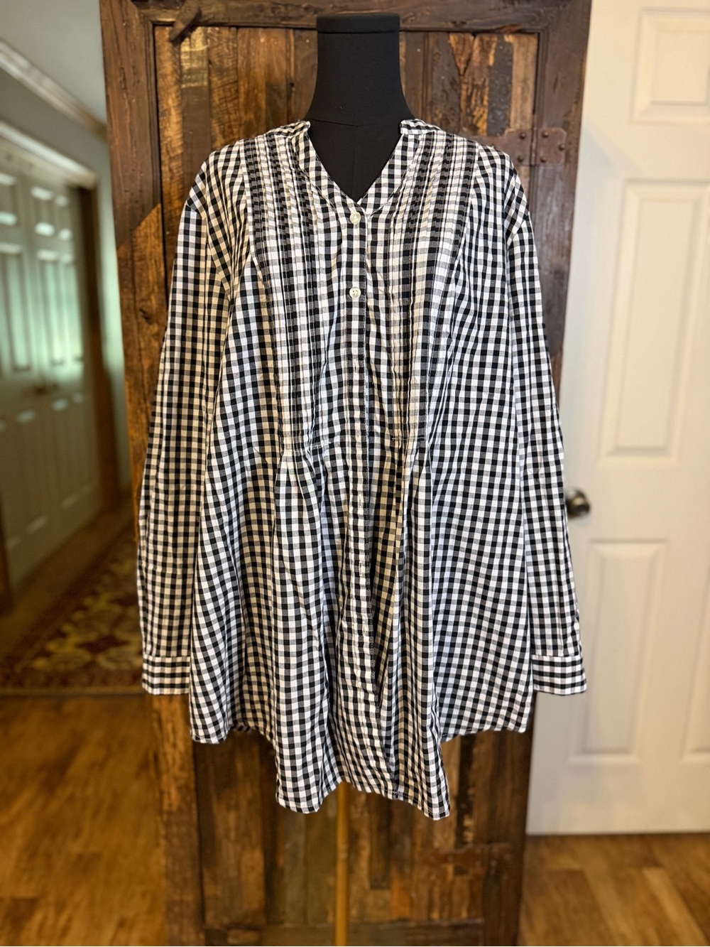 Woman Within Perfect Pintuck Tunic Womens 1X 22/24 Black White Gingham Check